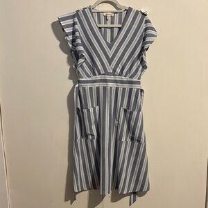 Striped V-Neck Midi Dress with Flutter Sleeves